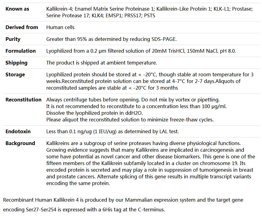 Recombinant Human Kallikrein 4/EMSP1/KLK4,索莱宝,P00078-500ug