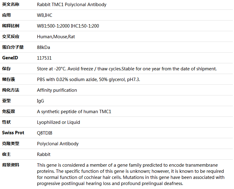 TMC1 Antibody,索莱宝,K005933P-100ul
