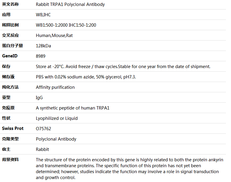 TRPA1 Antibody,索莱宝,K005918P-50ul