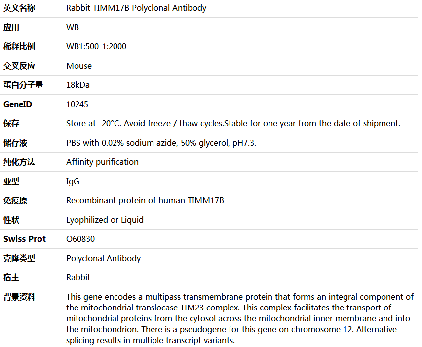 TIMM17B Antibody,索莱宝,K005865P-100ul