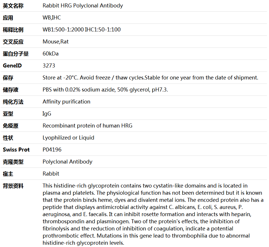 HRG Antibody,索莱宝,K005833P-50ul