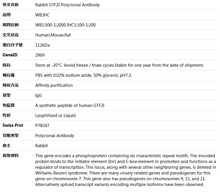 GTF2I Antibody,索莱宝,K005540P-100ul