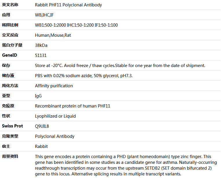 PHF11 Antibody,索莱宝,K005474P-50ul