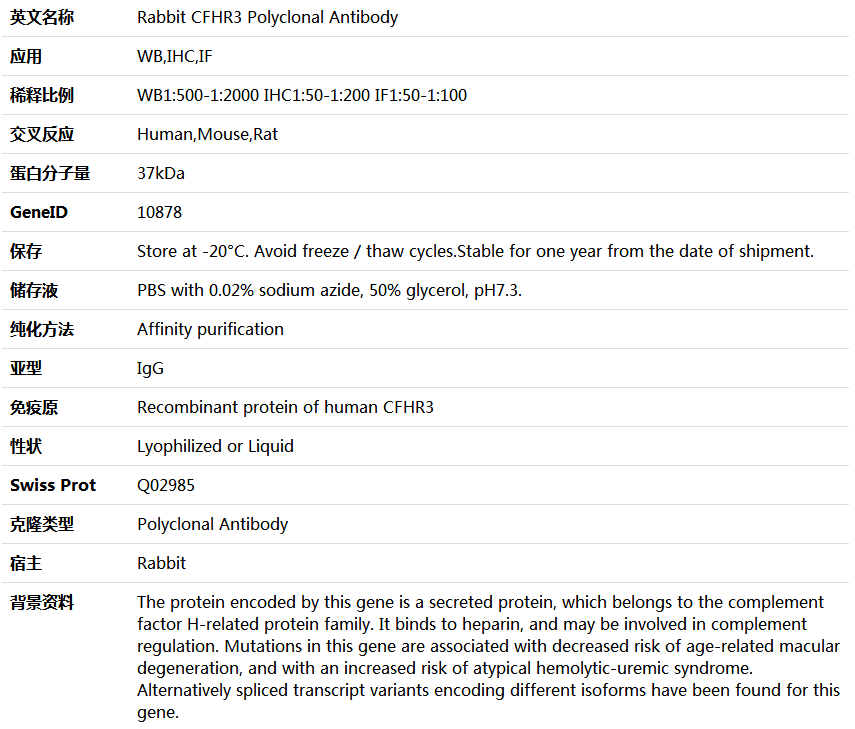 CFHR3 Antibody,索莱宝,K005454P-30ul