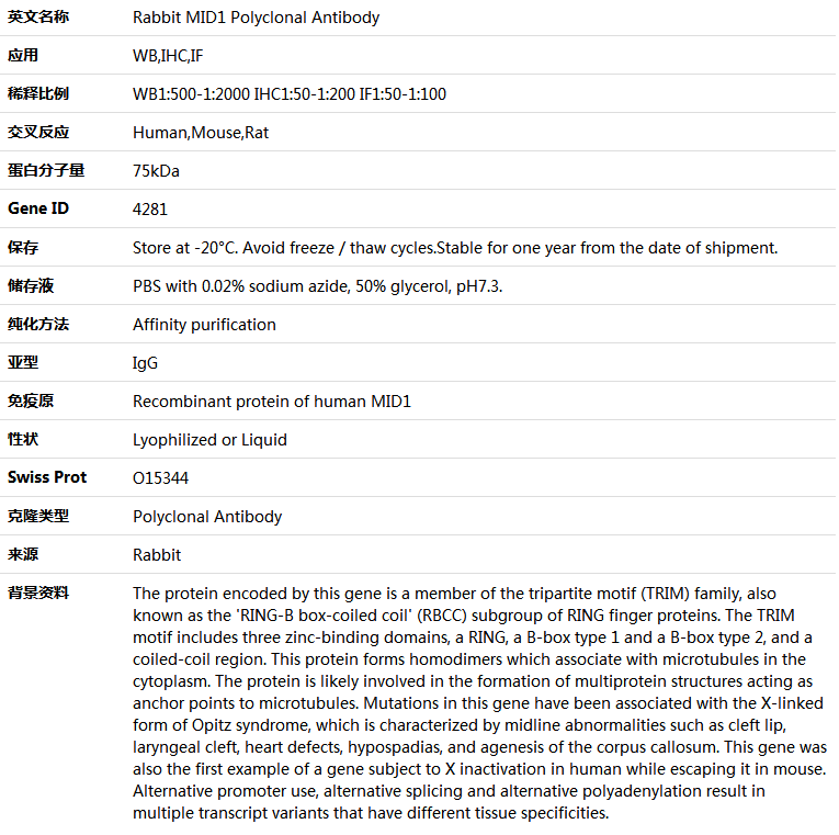 MID1 Antibody,索莱宝,K005144P-50ul