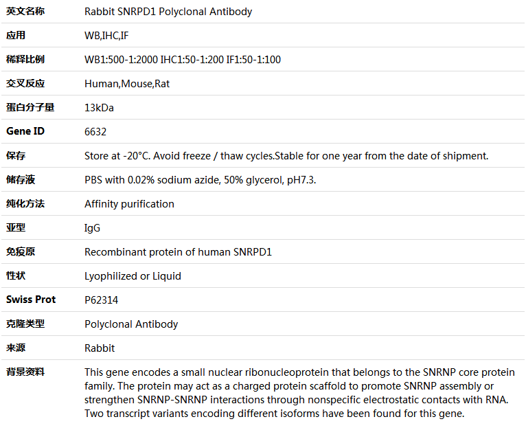 SNRPD1 Antibody,索莱宝,K005094P-100ul