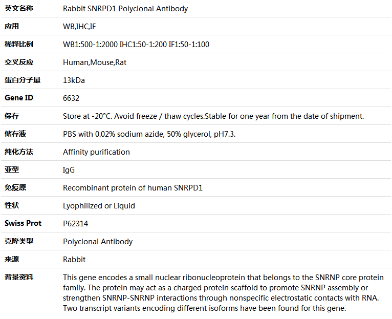 SNRPD1 Antibody,索莱宝,K005094P-50ul