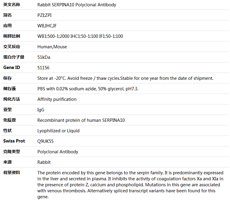 SERPINA10 Antibody,索莱宝,K005017P-50ul