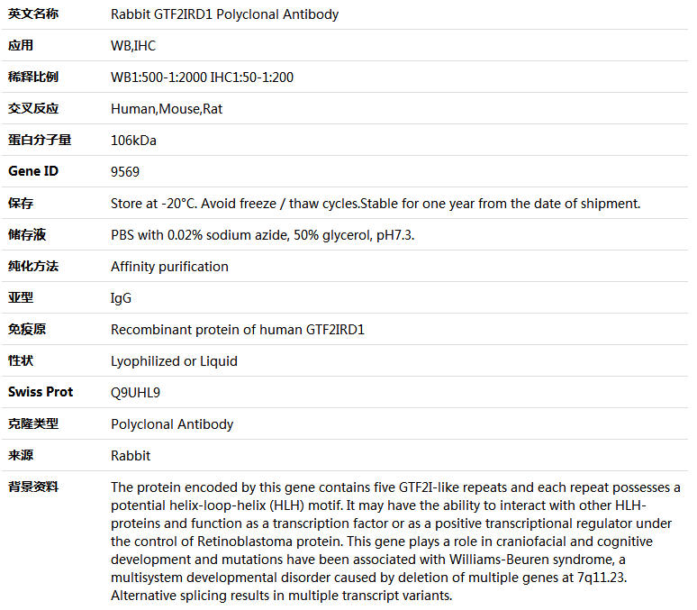 GTF2IRD1 Antibody,索莱宝,K004656P-50ul