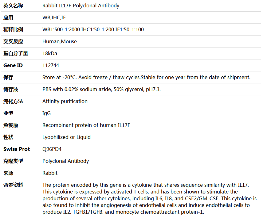 IL17F Antibody,索莱宝,K004568P-100ul