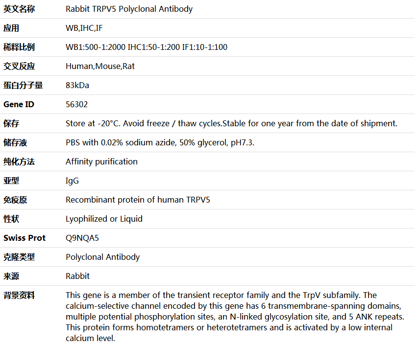 TRPV5 Antibody,索莱宝,K004557P-50ul
