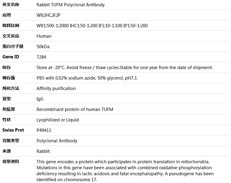 TUFM Antibody,索莱宝,K004515P-50ul