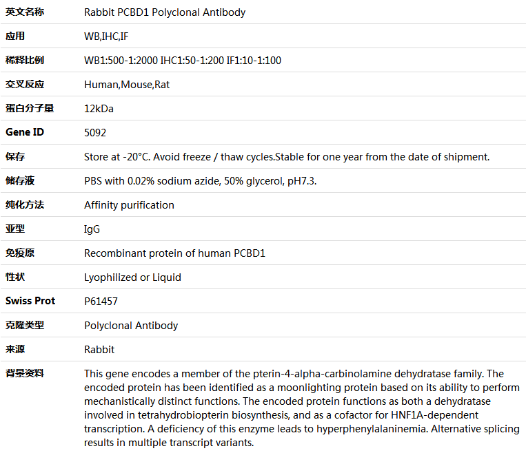 PCBD1 Antibody,索莱宝,K004487P-100ul