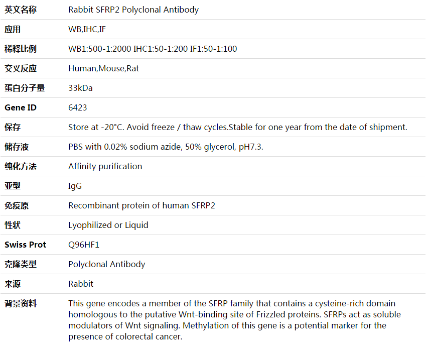 SFRP2 Antibody,索莱宝,K003959P-30ul