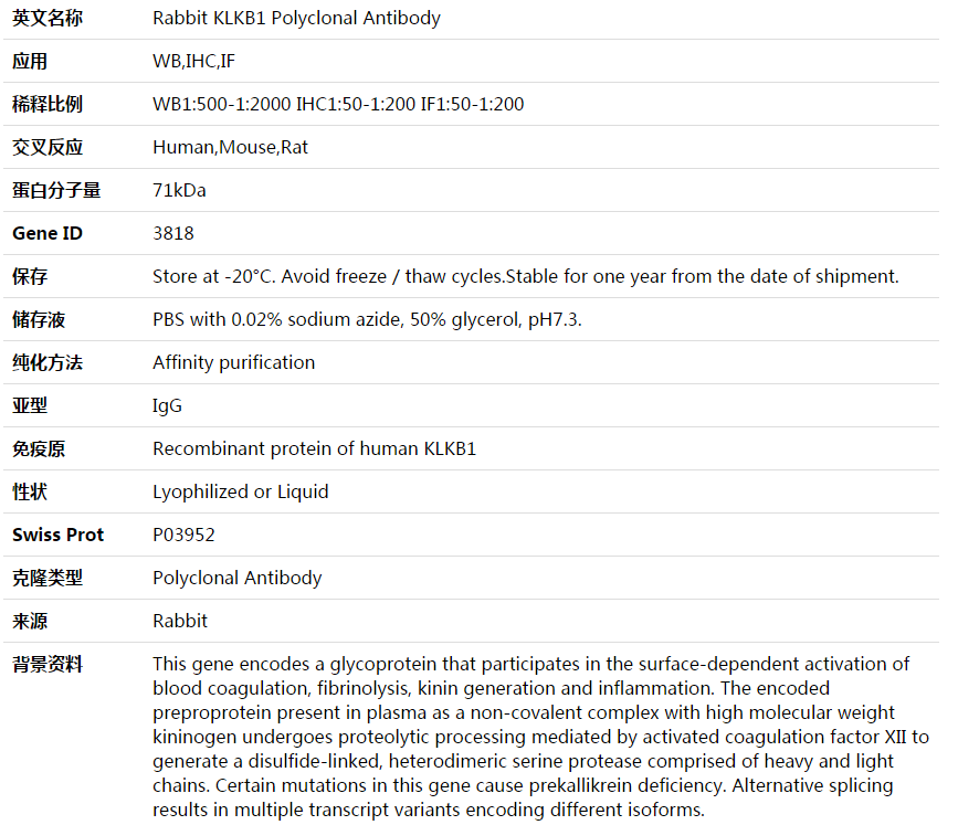 KLKB1 Antibody,索莱宝,K003908P-50ul