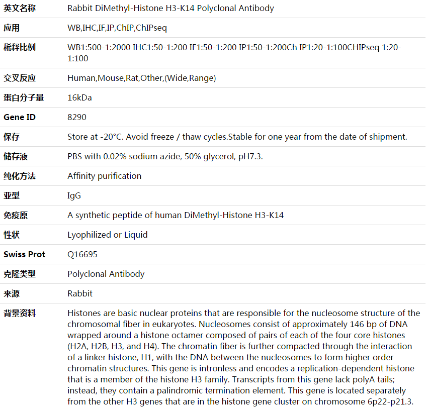 DiMethyl-Histone H3-K14 Antibody,索莱宝,K003887P-100ul