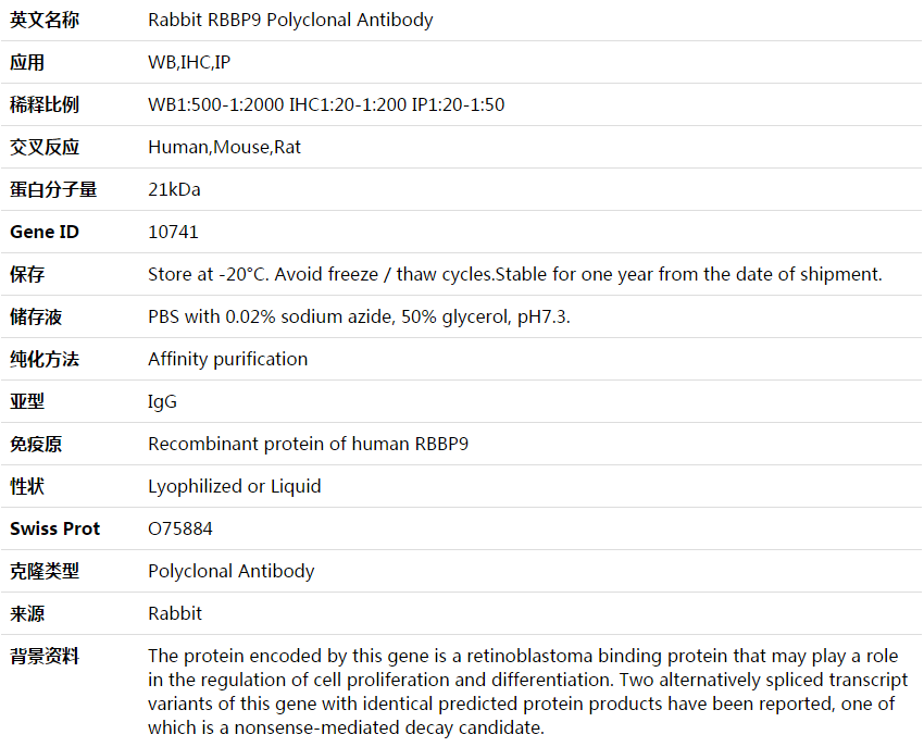 RBBP9 Antibody,索莱宝,K003805P-100ul