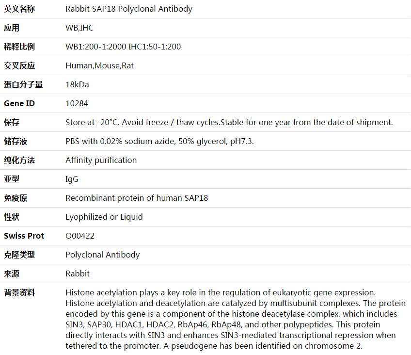 SAP18 Antibody,索莱宝,K003792P-100ul