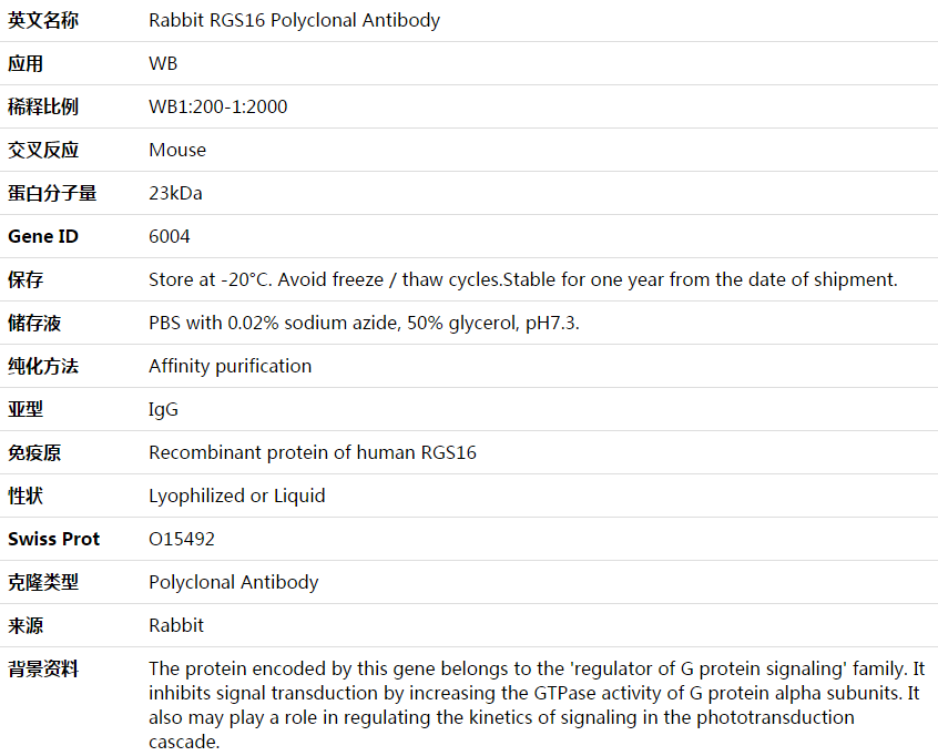 RGS16 Antibody,索莱宝,K003747P-30ul