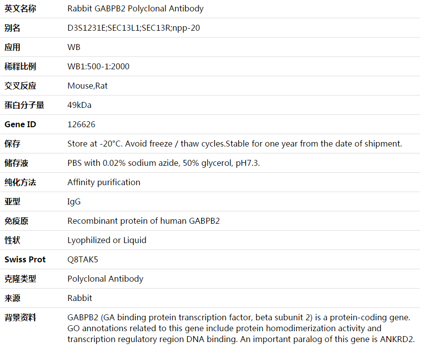 GABPB2 Antibody,索莱宝,K003673P-50ul
