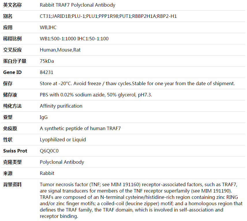 TRAF7 Antibody,索莱宝,K003587P-50ul