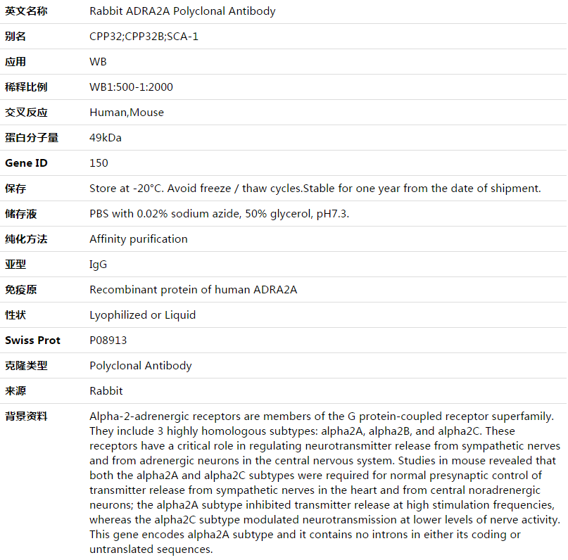 ADRA2A Antibody,索莱宝,K003495P-100ul