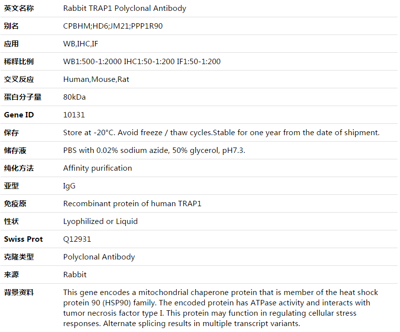 TRAP1 Antibody,索莱宝,K003477P-50ul
