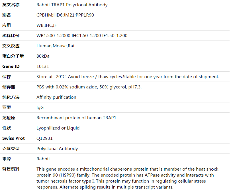 TRAP1 Antibody,索莱宝,K003477P-30ul