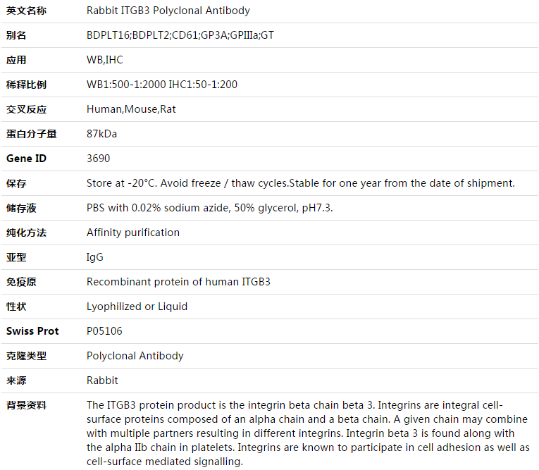 ITGB3 Antibody,索莱宝,K003402P-50ul