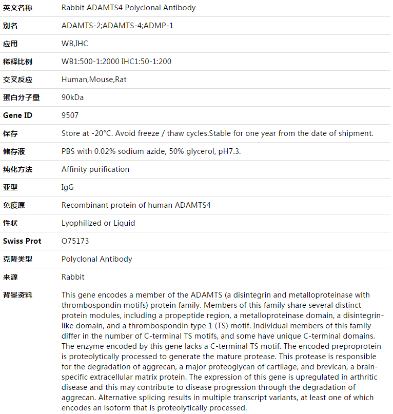 ADAMTS4 Antibody,索莱宝,K003390P-50ul