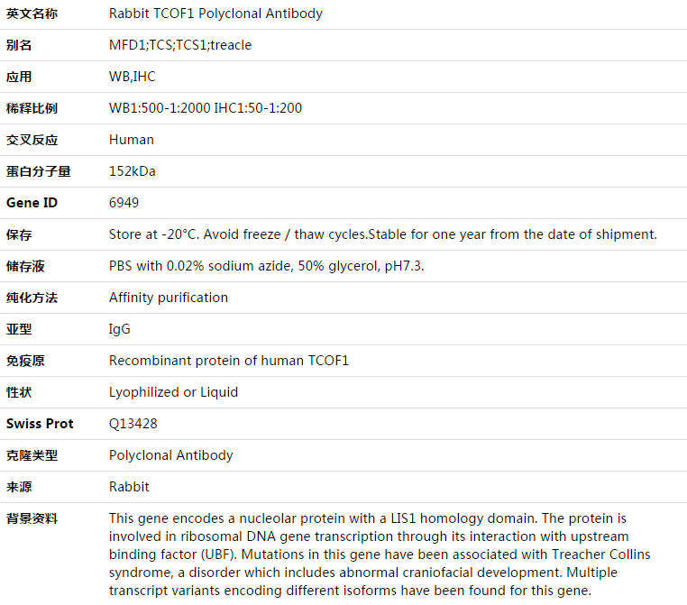 TCOF1 Antibody,索莱宝,K003379P-30ul