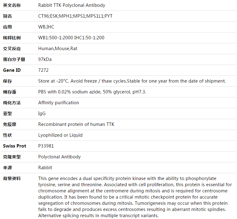 TTK Antibody,索莱宝,K003369P-100ul