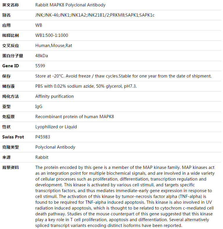 MAPK8 Antibody,索莱宝,K003353P-50ul