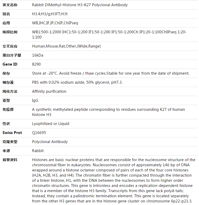 DiMethyl-Histone H3-K27 Antibody,索莱宝,K003333P-100ul