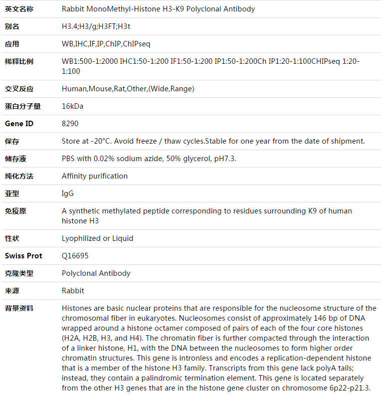 MonoMethyl-Histone H3-K9 Antibody,索莱宝,K003329P-100ul