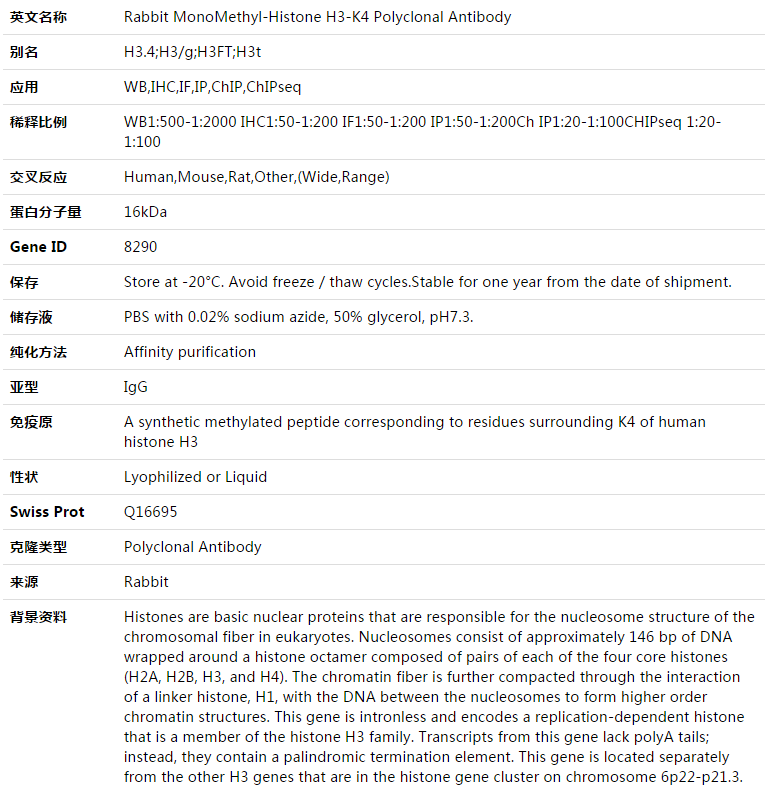 MonoMethyl-Histone H3-K4 Antibody,索莱宝,K003326P-50ul